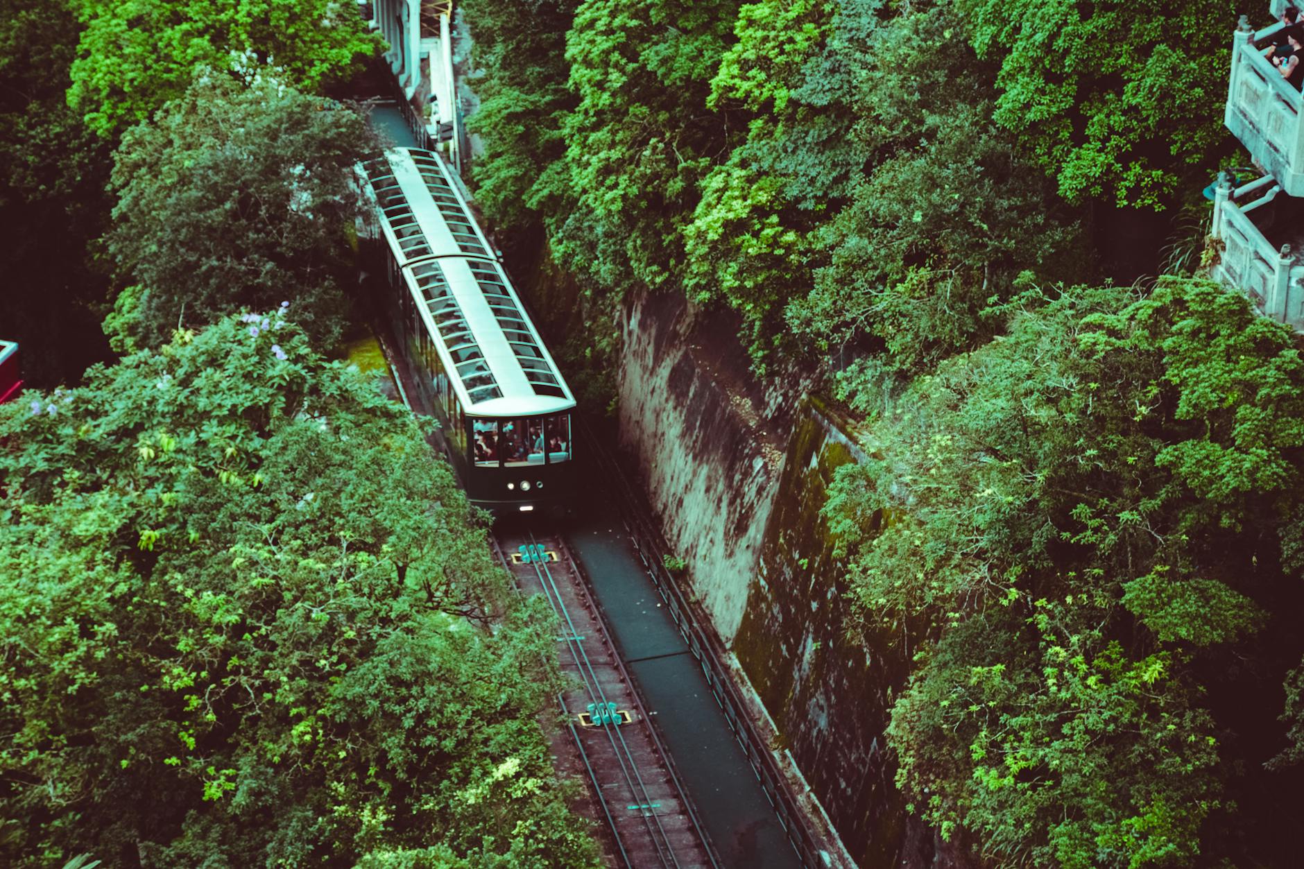 Tramwaj na Victoria Peak otoczony zielenią z lotu ptaka